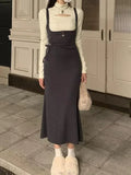 Coquette Midi Two-piece Dress Women Korean Style Sexy Folds Long Sleeve Tunic Dresses Sets Y2k Trumpet Vestidos Winter