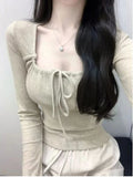 Sexy Khaki T-shirts Women Y2K Aesthetic Vintage Bandage Long Sleeve Tees Korean Fashion Chic Slim Corset Tops