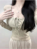 Sexy Khaki T-shirts Women Y2K Aesthetic Vintage Bandage Long Sleeve Tees Korean Fashion Chic Slim Corset Tops