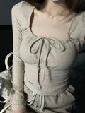 Sexy Khaki T-shirts Women Y2K Aesthetic Vintage Bandage Long Sleeve Tees Korean Fashion Chic Slim Corset Tops