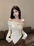 Coquette Y2k Beige Off Shoulder T-shirts Women Japanese Style Long Sleeve Knitted Tees Sweet Bow Irregular Slim Tops