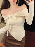Coquette Y2k Beige Off Shoulder T-shirts Women Japanese Style Long Sleeve Knitted Tees Sweet Bow Irregular Slim Tops