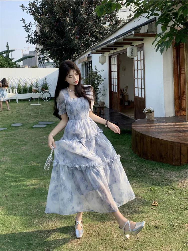 Fairycore Flower Long Evening Dress Women Korean Style Puff Sleeve Tun Pbong Fairycore Flower Long Evening Dress Women Korean Style Puff Sleeve Tun Pbong