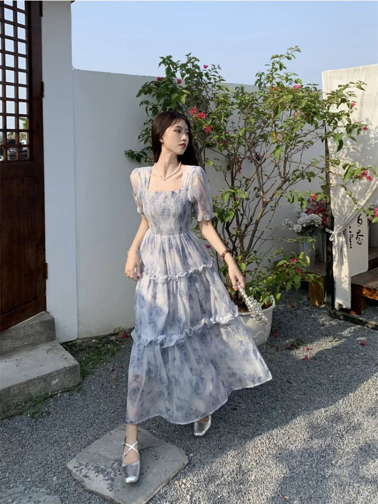 Fairycore Flower Long Evening Dress Women Korean Style Puff Sleeve Tun Pbong Fairycore Flower Long Evening Dress Women Korean Style Puff Sleeve Tun Pbong