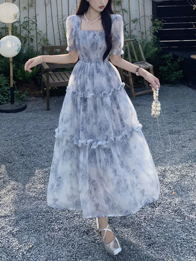 Fairycore Flower Long Evening Dress Women Korean Style Puff Sleeve Tun Pbong Fairycore Flower Long Evening Dress Women Korean Style Puff Sleeve Tun Pbong