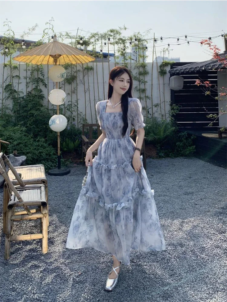 Stylish Korean Dress Fairycore Flower Long Evening Dress Women Korean Style Puff Sleeve Stylish Korean Dress Fairycore Flower Long Evening Dress Women Korean Style Puff Sleeve