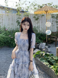 Fairycore Flower Long Evening Dress Women Korean Style Puff Sleeve Tunic Graduation Dresses Elegant Chic Prom Vestidos