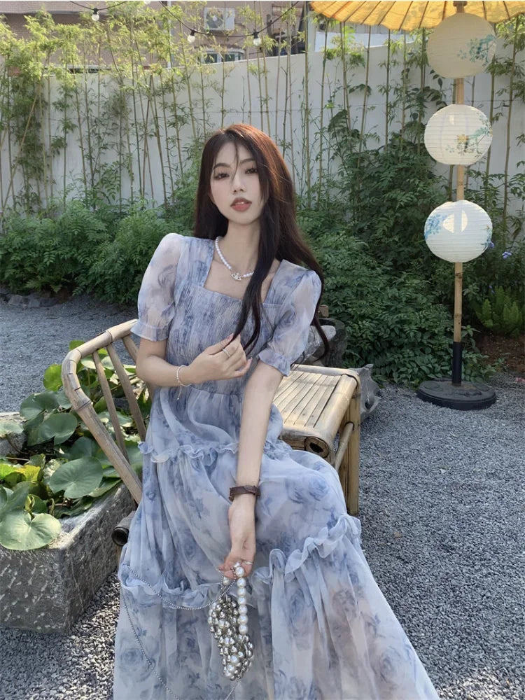 Fairycore Flower Long Evening Dress Women Korean Style Puff Sleeve Tun Pbong Fairycore Flower Long Evening Dress Women Korean Style Puff Sleeve Tun Pbong