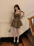 Kawaii Korean Style Brown Mini Lolita Dress Women Cute Fairycore Vintage One Piece Long Sleeve Tunic Evening Dresses