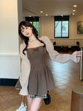 Kawaii Korean Style Brown Mini Lolita Dress Women Cute Fairycore Vintage One Piece Long Sleeve Tunic Evening Dresses