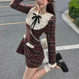 Korean Preppy Style Mini Plaid Dress Women Vintage One Piece Dresses Y2k Jk Uniform Long Sleeve Tunic Princess Vestidos