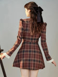 Korean Preppy Style Mini Plaid Dress Women Vintage One Piece Dresses Y2k Jk Uniform Long Sleeve Tunic Princess Vestidos