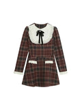 Korean Preppy Style Mini Plaid Dress Women Vintage One Piece Dresses Y2k Jk Uniform Long Sleeve Tunic Princess Vestidos