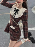 Korean Preppy Style Mini Plaid Dress Women Vintage One Piece Dresses Y2k Jk Uniform Long Sleeve Tunic Princess Vestidos