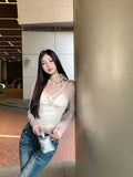 Y2k Coquette Beige T-shirts Women Korean Style Lace Patchwork Long Sleeve Tees Harajuku Slim Corset Transparent Tops