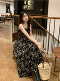 Y2k Korean Style One Piece Floral Dress Women Vintage Elegant Layered High Waist Black Long Slip Fairy Dresses Summer