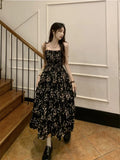 Y2k Korean Style One Piece Floral Dress Women Vintage Elegant Layered High Waist Black Long Slip Fairy Dresses Summer