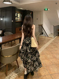 Y2k Korean Style One Piece Floral Dress Women Vintage Elegant Layered High Waist Black Long Slip Fairy Dresses Summer