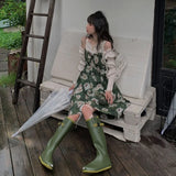 Y2k Vintage Green Floral Dress Women French Elegant Off Shoulder One Piece Long Puff Sleeve Midi Slip Summer Dresses