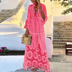 European American Long Skirt Bohemian Style V-Neck Lace Tassel Stitching Beach Resort Dress