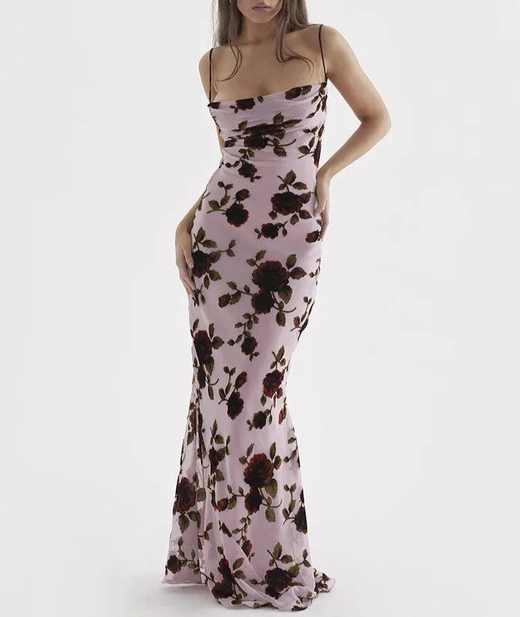 Elegant Floral Print Midi Dress For Women Robe New Spaghetti Strap Backless Sleeveless Bodycon Party Long Dress
