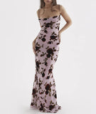 Elegant Floral Print Midi Dress For Women Robe New Spaghetti Strap Backless Sleeveless Bodycon Party Long Dress