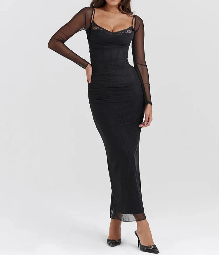 Elegant Sheer Long Sleeve Bodycon Maxi Dress For Women Fashion Mesh Black Strapless Backless Club Party Sexy Dress