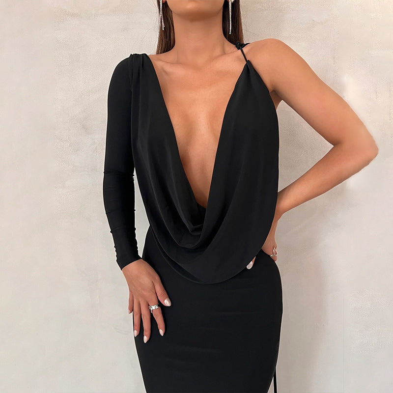 European and American style women's clothing autumn and winter new fashion sexy solid color one-shoulder slim temperament dress