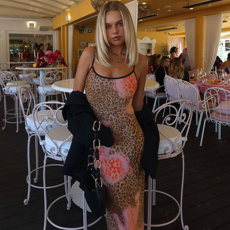 European and American women's clothing summer new fashion printed backless long skirt hip sexy suspender skirt hot girl dress