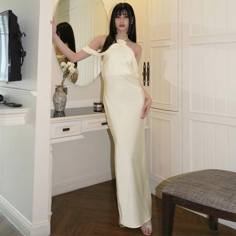 European and American women's clothing summer new style Western temperament halter neck dress sexy backless slim temperament glossy dress female