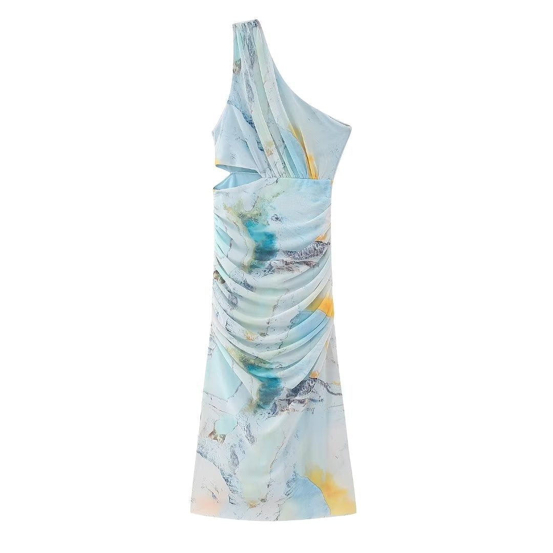 Summer Print Tulle Dress New Female Beach Resort Style Asymmetrical Collar Waist Hollow Out Design Perspective Dress