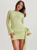 Floral Draped Backless Knit Mini Dress For Women Fashion Solid Long Sleeve Ruched Sexy Dress Knitwear