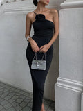 Flower Bodycon Maxi Dresses For Women Folds Slim Black Sundress Women's Sexy Backless Party Temperament Dresses Woman