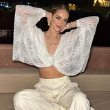 Flower Splice Mesh Shirts For Women Sexy See Through Loose Long Sleeve Crop Tops Hot Girls Club Lace Shirt Lady New