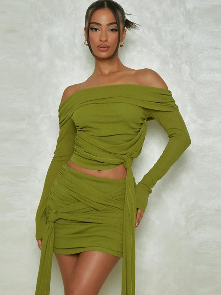 Green Ruched Skirt Set Women Off-shoulder Long Sleeve T-shirt And Mini Skirt Matching Sets Bodycon Sexy Dress Set
