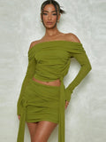 Green Ruched Skirt Set Women Off-shoulder Long Sleeve T-shirt And Mini Skirt Matching Sets Bodycon Sexy Dress Set