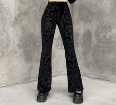 Goth Dark Vintage Floral Scratched Gothic Pants Velvet High Waist Skinny Flare Trousers For Women Autumn Winter Streetwear