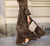 Women Spring Puff Sleeve Maxi Long Sundress Fashion Sexy Leopard Printed Party Dress V Neck High Waist Holiday