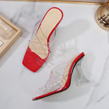 Pbong  New Summer Transparent PVC Women Slippers Shoes  Fashion Square toe Clear Heeled Fashion Mules Slides High heels Sandals