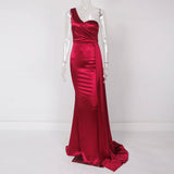 One Shoulder Padded Sexy Satin Maxi Dress Women's Evening Party Dress Gown with Ribbon Royal Blue Green Draped Long Dress