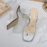 Pbong  New Summer Transparent PVC Women Slippers Shoes  Fashion Square toe Clear Heeled Fashion Mules Slides High heels Sandals