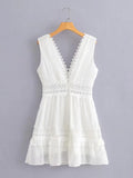 Pbong  100% Cotton Lace Mini Dress Summer Sexy Holiday Women Dress Crochet Sheer Backless Ruffle Ladies Beach Female Dresses