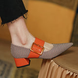 New Spring/Autumn Shoes Women Pointed Toe Chunky Heel  Fabric High Heel Pumps Mixed Color Square Button Ladies Shoes