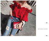 Women Korean Ruffles Off Shoulder Tee Top Puffy Sleeves Red Chiffon Blouse Female Oversize Casual Shirt Lady Chic New