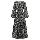 Women Spring Puff Sleeve Maxi Long Sundress Fashion Sexy Leopard Printed Party Dress V Neck High Waist Holiday