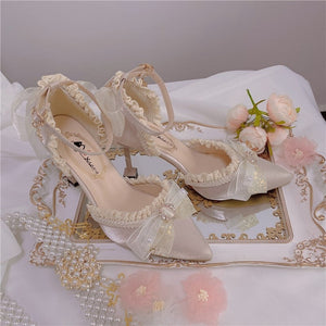 Lolita High Heels Stiletto Sexy Women Shoes French Style Anime Cosplay Ladies Mesh Bowknot Pumps Party Evening Pointed-toe Shoes