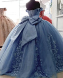 Pbong  Sweetheart Dusty Blue Quinceanera Dress with 3D Floral Applique Off-Shoulder Vestidos Sweet 16 Dress Bow de soirée