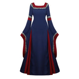 Women Medieval Renaissance Trumpet Sleeve Retro Loor Length Gown Lace Trim Irish Over Long Dress Halloween Costume Plus Size