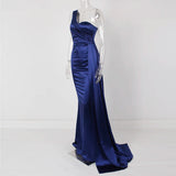 One Shoulder Padded Sexy Satin Maxi Dress Women's Evening Party Dress Gown with Ribbon Royal Blue Green Draped Long Dress