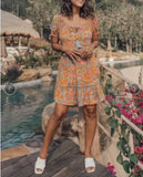 Pbong  Wood ears Lacing up O neck Orange Camellia Floral Print Short Sleeve Dress Retro Spliced Pleated Mini Short Dresses